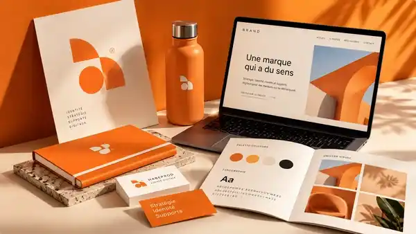 Identité visuelle orange déclinée sur affiche logo, carnet, gourde, cartes de visite, charte graphique et site web sur ordinateur portable