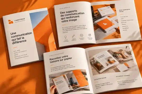 Brochures Habeprod orange et blanches ouvertes sur fond orange, avec les pages Une communication qui fait la différence et Des supports de communication qui renforcent votre image
