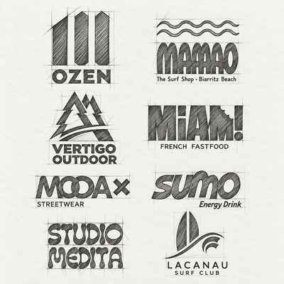 Esquisses de logos au crayon sur papier : Ozen, Mamao The Surf Shop, Vertigo Outdoor, Miam!, Modax, Sumo, Studio Medita et Lacanau Surf Club