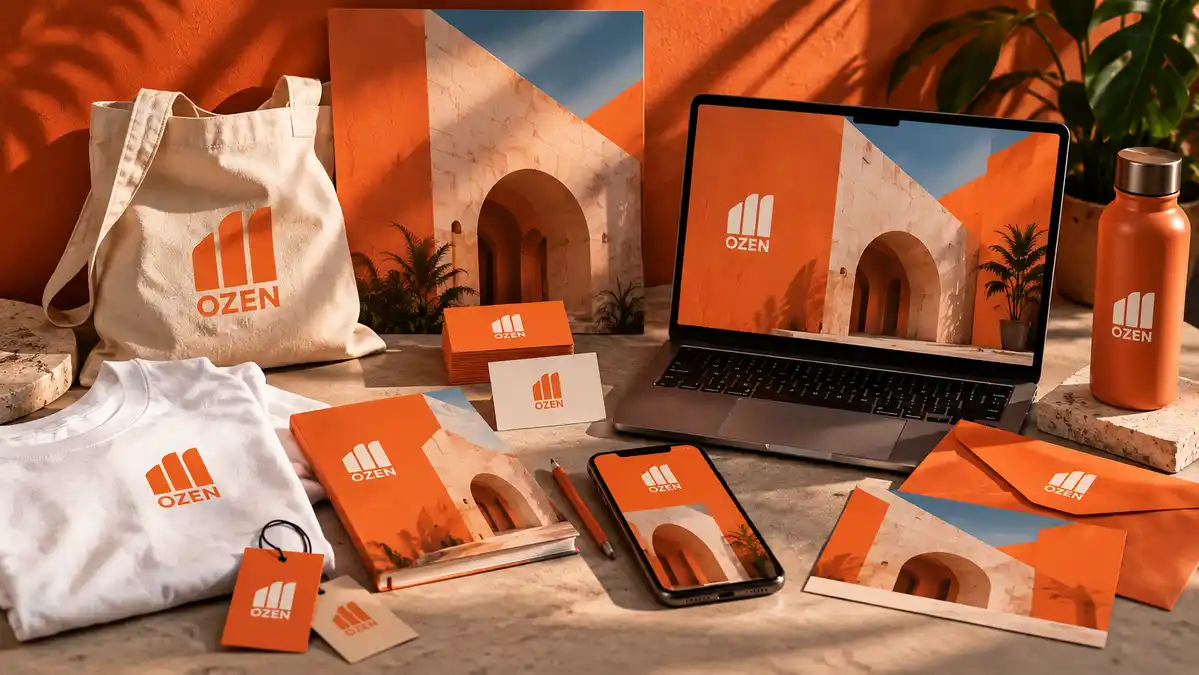Identité visuelle Ozen déclinée en orange et blanc sur tote bag, t-shirt, étiquette, cartes de visite, carnet, ordinateur portable, smartphone, gourde, enveloppe et carte postale