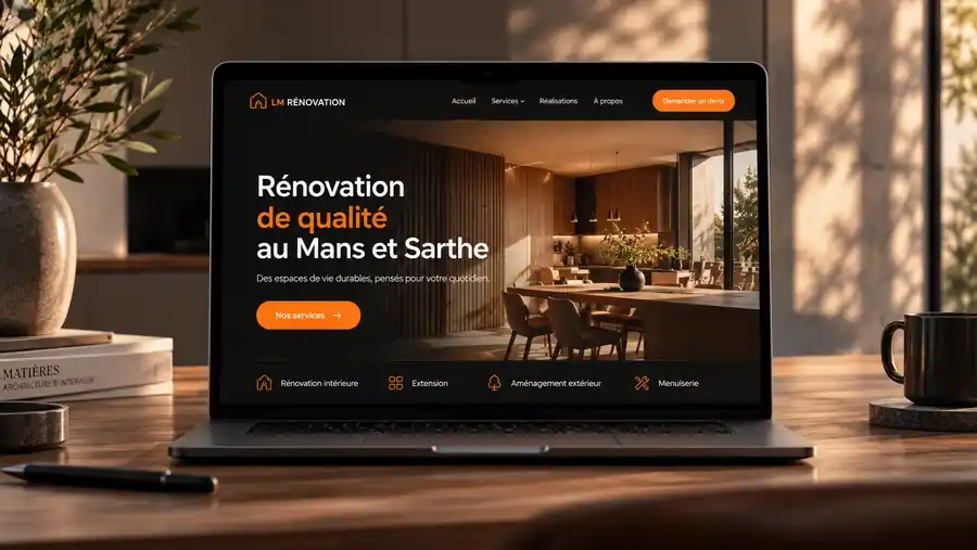 Site web de LM Rénovation, entreprise de rénovation au Mans, affiché sur un ordinateur portable : titre Rénovation de qualité au Mans et Sarthe