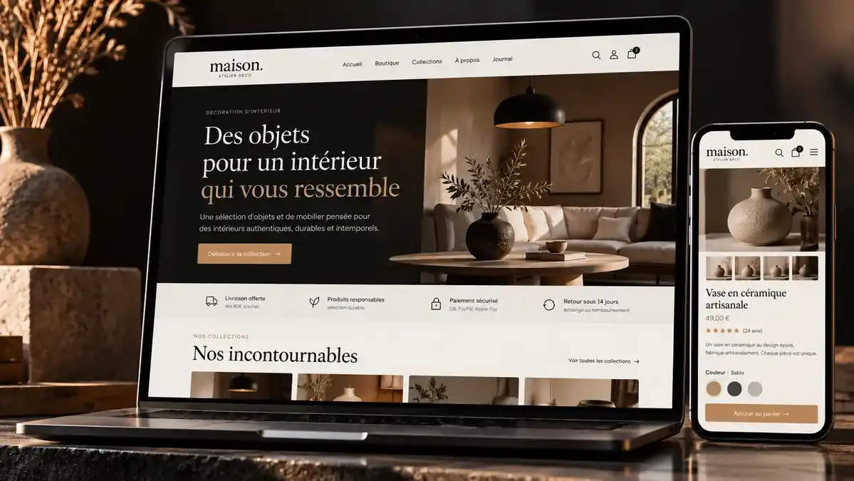 Boutique en ligne de décoration maison. sur ordinateur portable et smartphone : page d'accueil Des objets pour un intérieur qui vous ressemble et fiche produit d'un vase en céramique artisanale