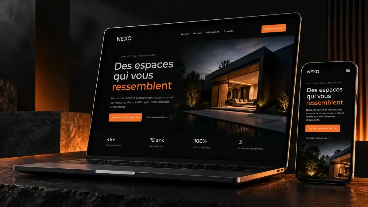 Landing page sombre du studio d'architecture Nexo affichée sur ordinateur portable et smartphone : titre Des espaces qui vous ressemblent, maison contemporaine éclairée la nuit